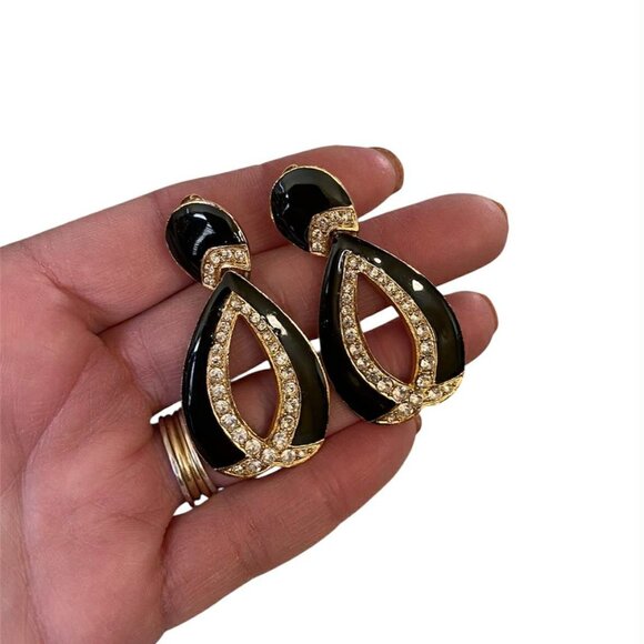 Vintage Black Enamel Crystal Rhinestone Clip On Earrings 80s Excellent Condition - Picture 3 of 5